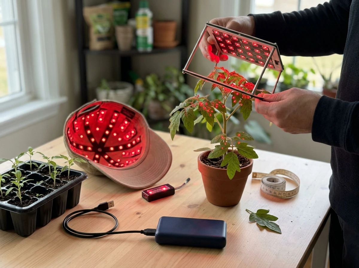 Person holding a grow laser cap device, with red laser dots on a close-up plant leaf and nearby hair-focused cap accesso