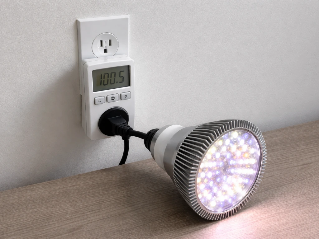 Plug-in power meter showing low watt reading beside an LED lamp in a quiet indoor setup.