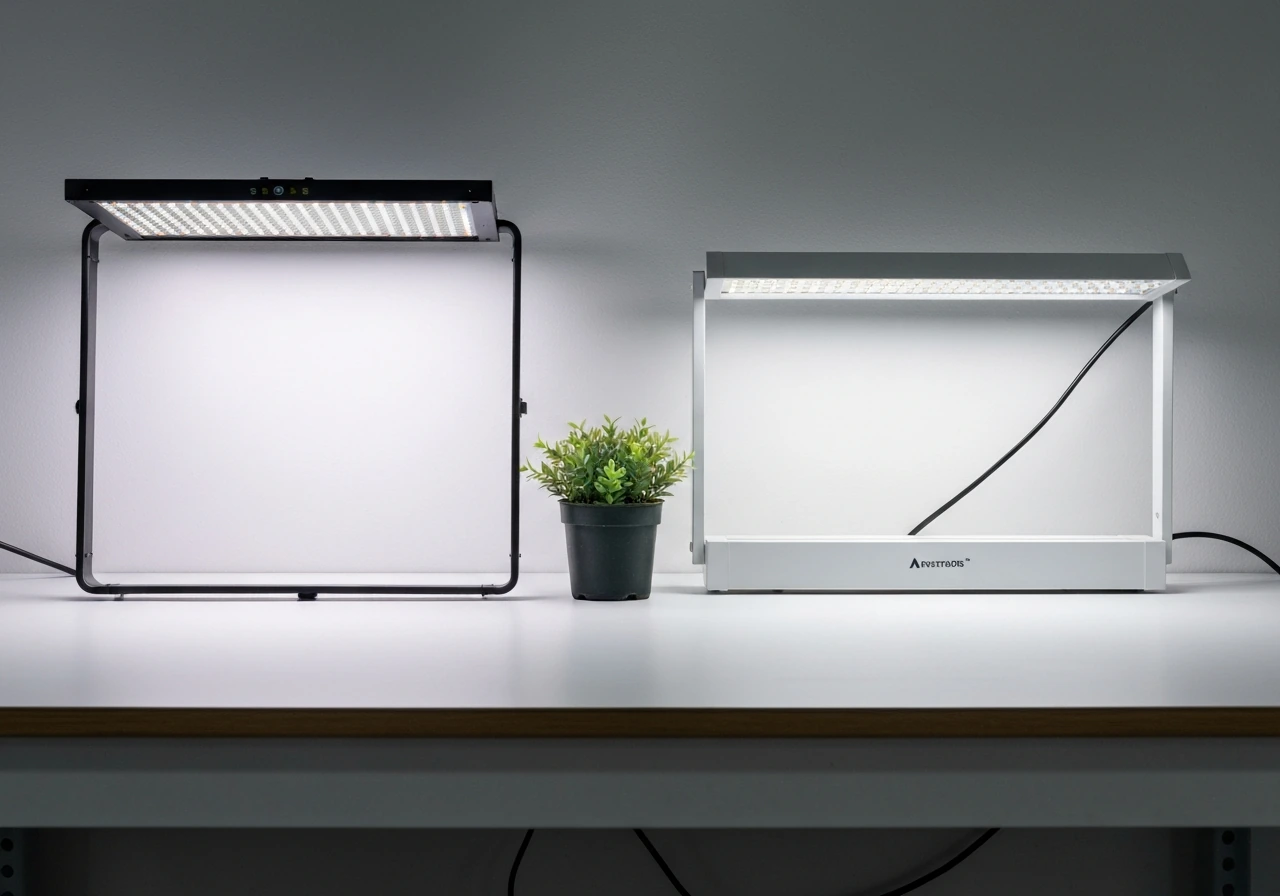 Two unbranded entry-level grow lights side-by-side on a workbench with a small potted plant between them.