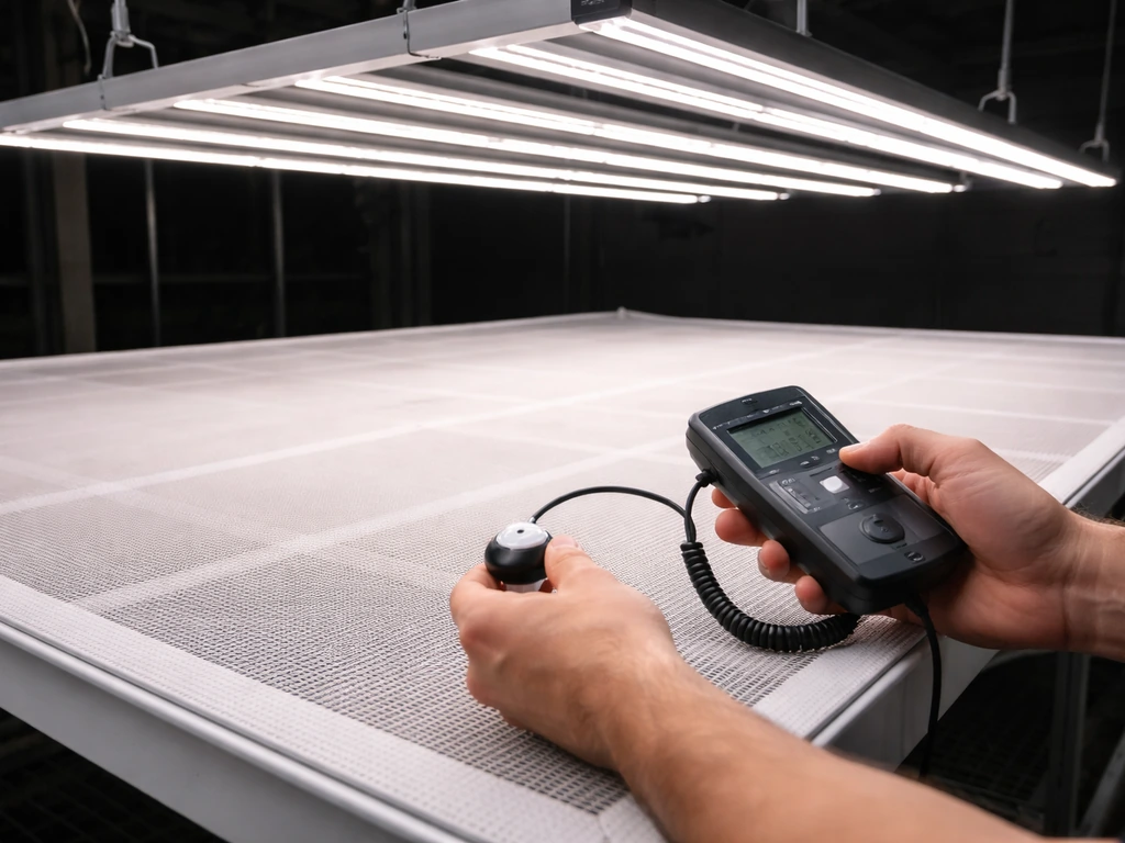Handheld quantum light sensor measuring PPFD over a greenhouse grow canopy with LEDs overhead