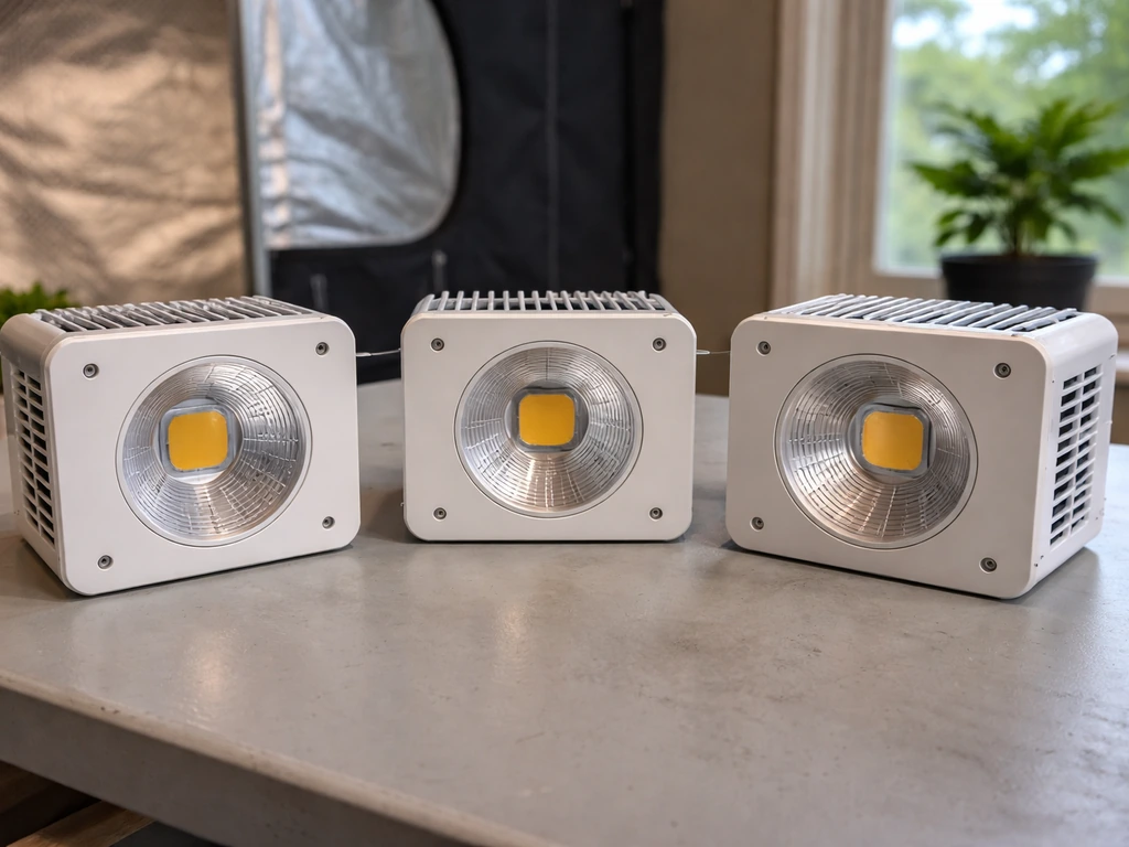 Three budget grow lights on a table, with Yintatech-style light shown alongside competing brands’ silhouettes