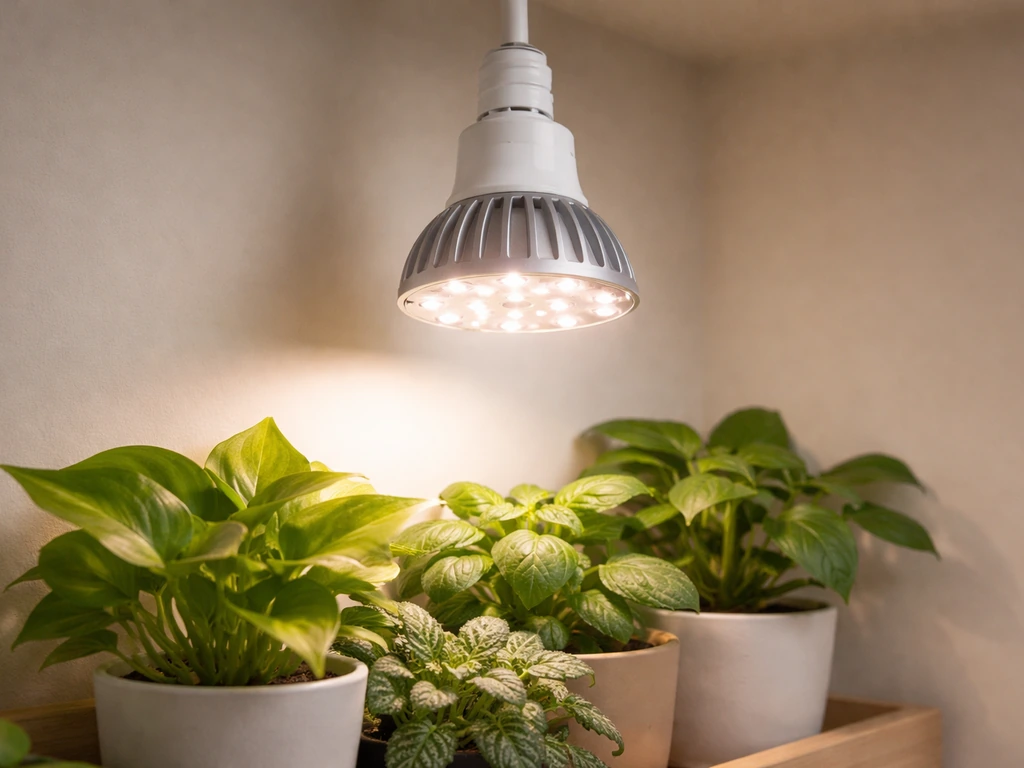 Close-up of a Sansi 24W-style LED grow light over indoor plants in soft natural light