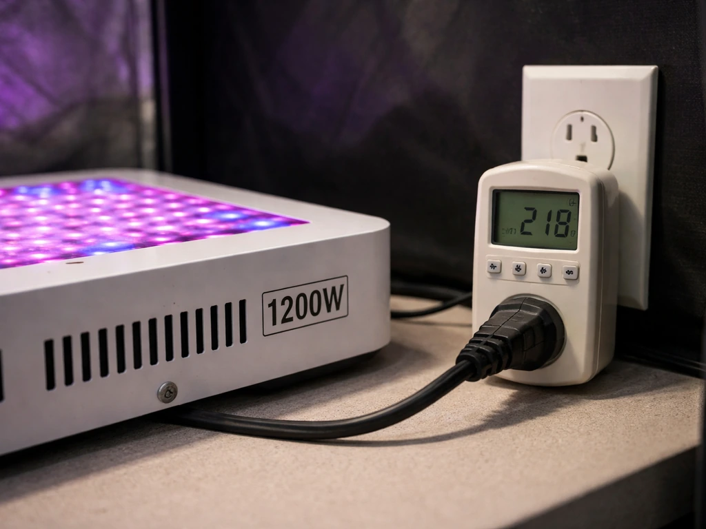 Close-up of a blurple grow light label reading 1200W beside a watt-meter showing low wall power draw.