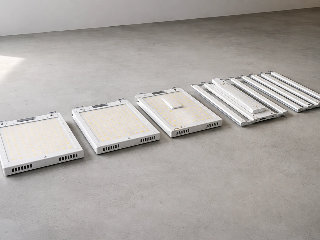 Sonlipo-style grow light panels and bar-style hybrids laid out on a clean floor for comparison