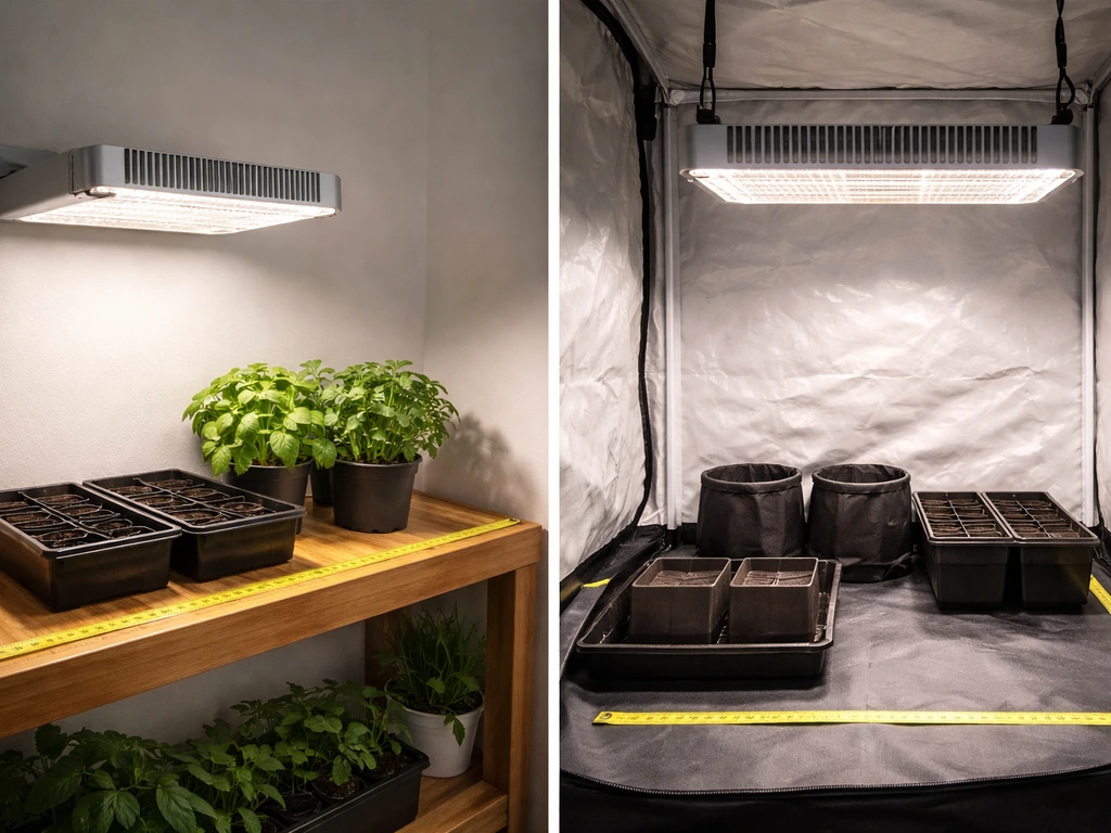Two Sonlipo-style grow light setups side by side on a small shelf/tent layout with simple measuring tape.