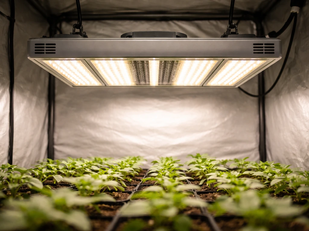 Premium Volt King LED grow light mounted above an indoor seedling canopy, showing coverage footprint.