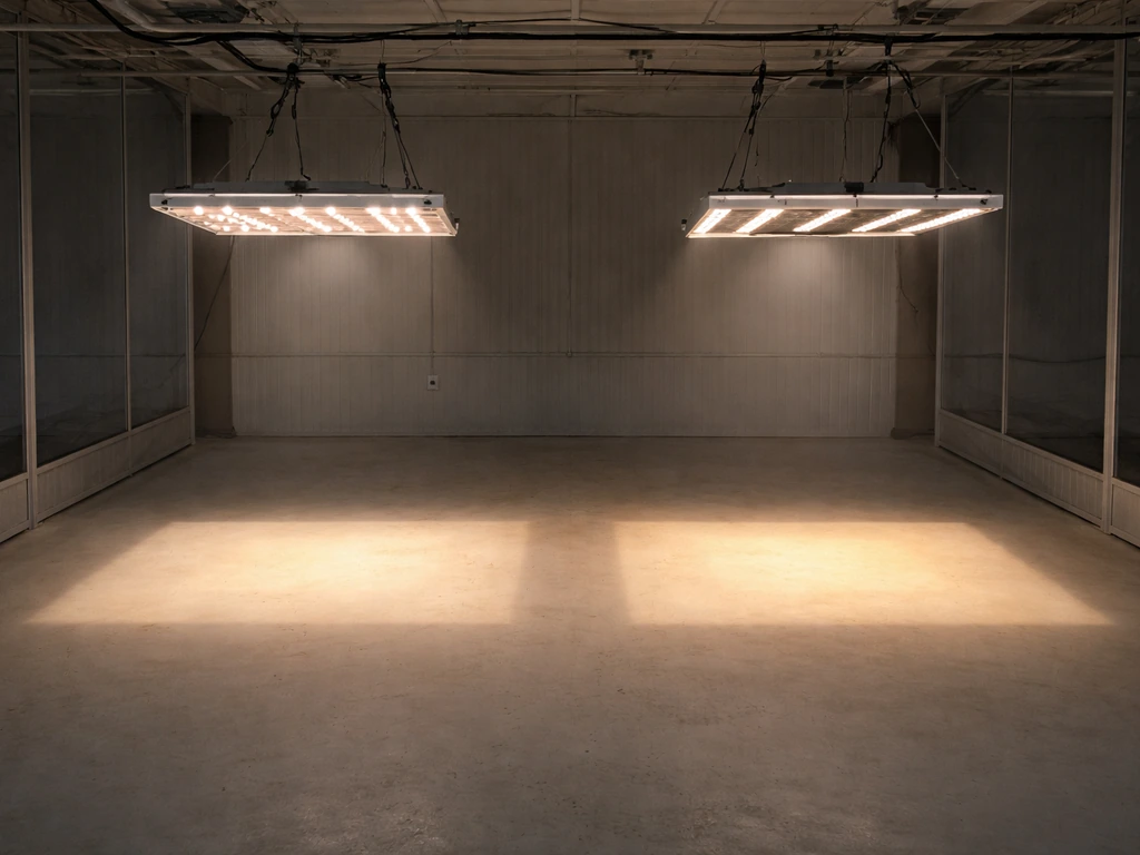 Two side-by-side grow light beams illuminate square canopy areas with brighter center hotspots and fade at edges.