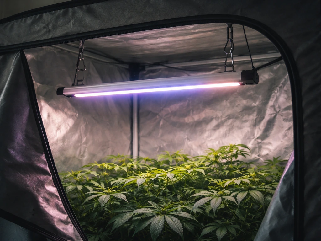 Gavita bar-style plasma grow light glowing above a grow tent canopy
