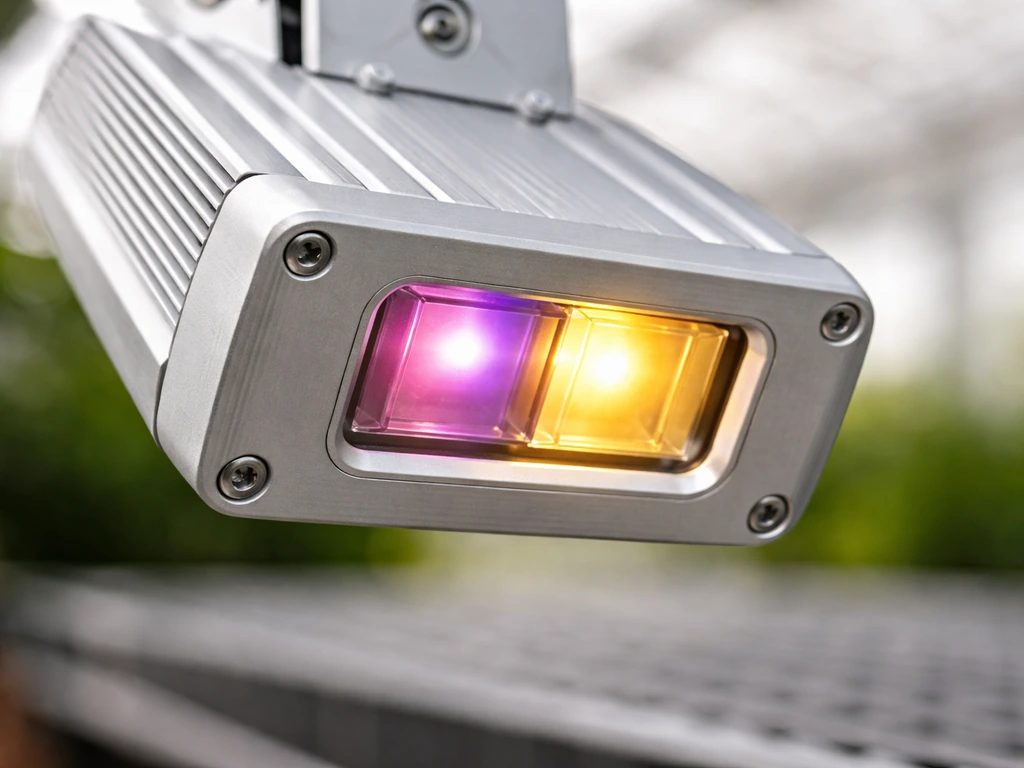 Close-up of a modern grow light fixture head with colored spectrum segments, minimal greenhouse background.