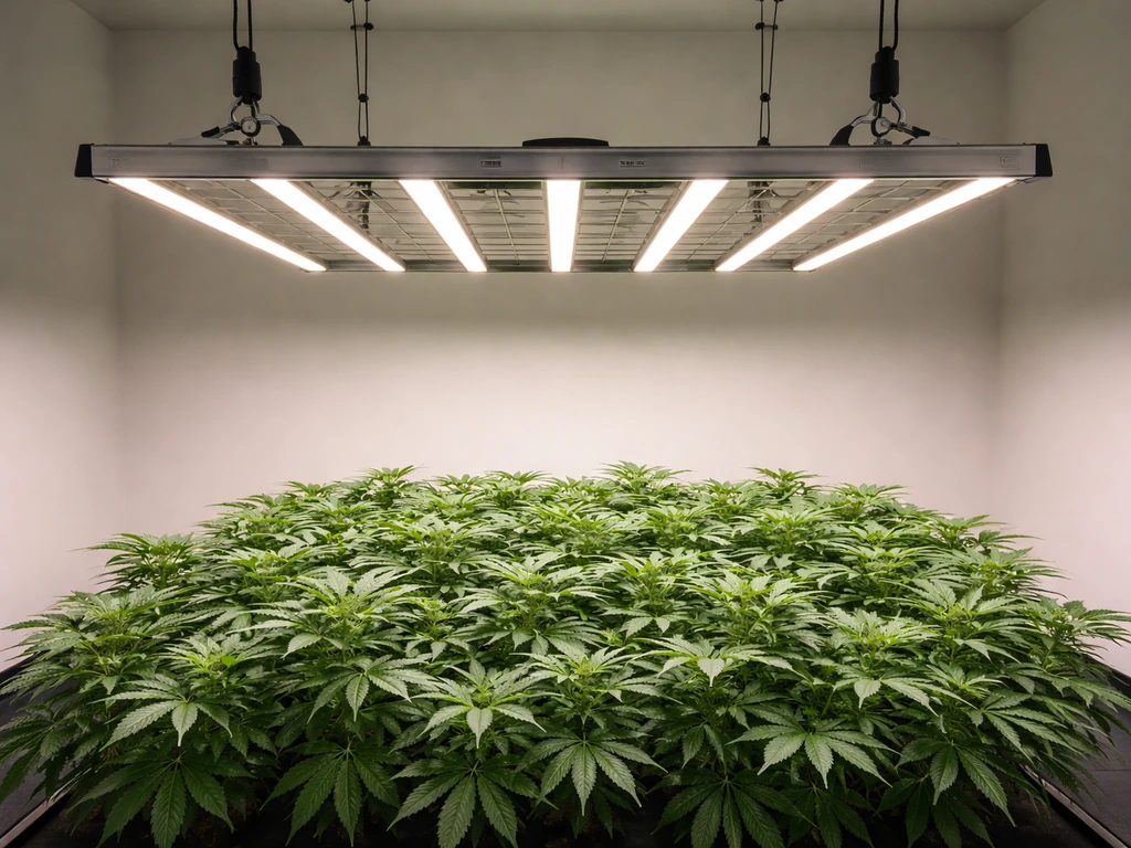 Hanging LED grow light over a 4x4 canopy with evenly lit healthy plants in an indoor grow room