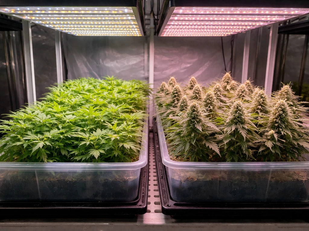 Two adjacent plant trays: one lush vegetative growth, one flowering stage under LED lights.