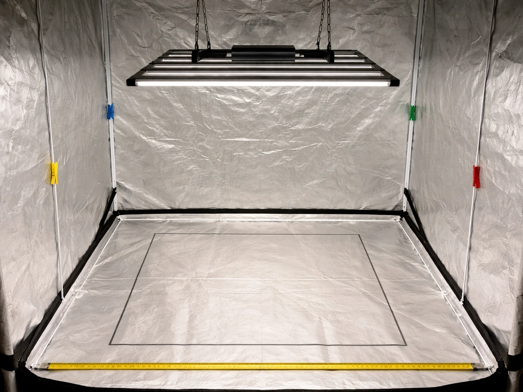 Measuring tape and hanging-height markers beside a bar-style grow light over a 4x4 tent layout.