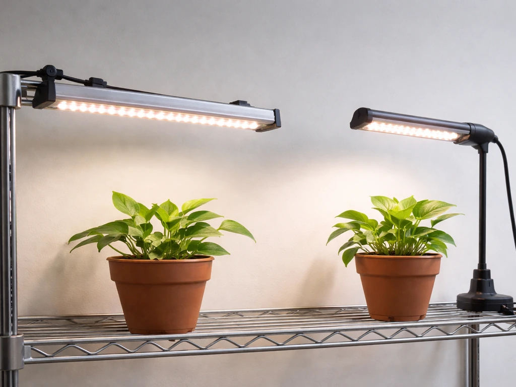 Two compact LED grow lights side by side on a simple grow bench, showing different mounting and coverage.