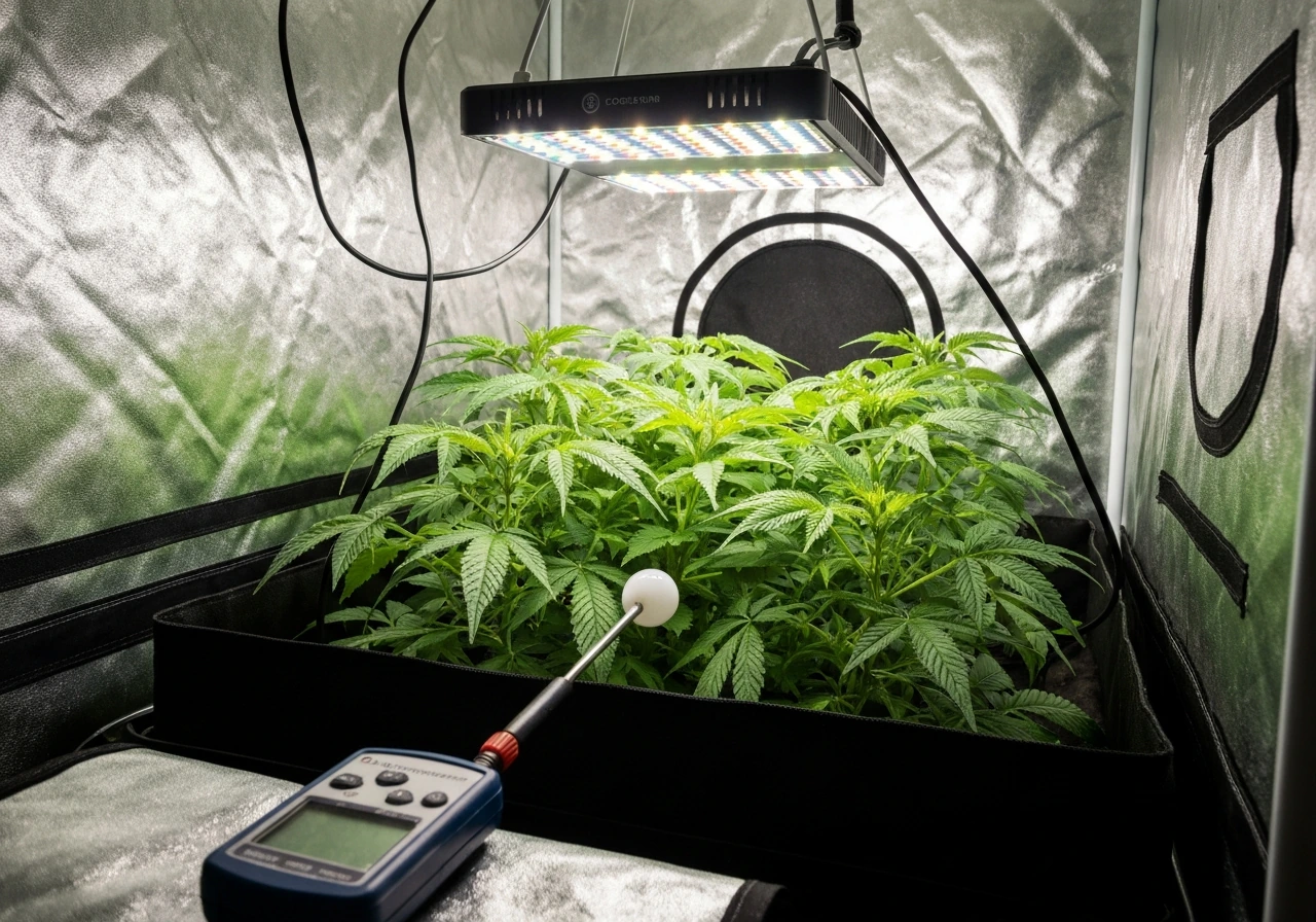 LED grow light hanging above plant canopy in a grow tent with a light meter probe nearby.