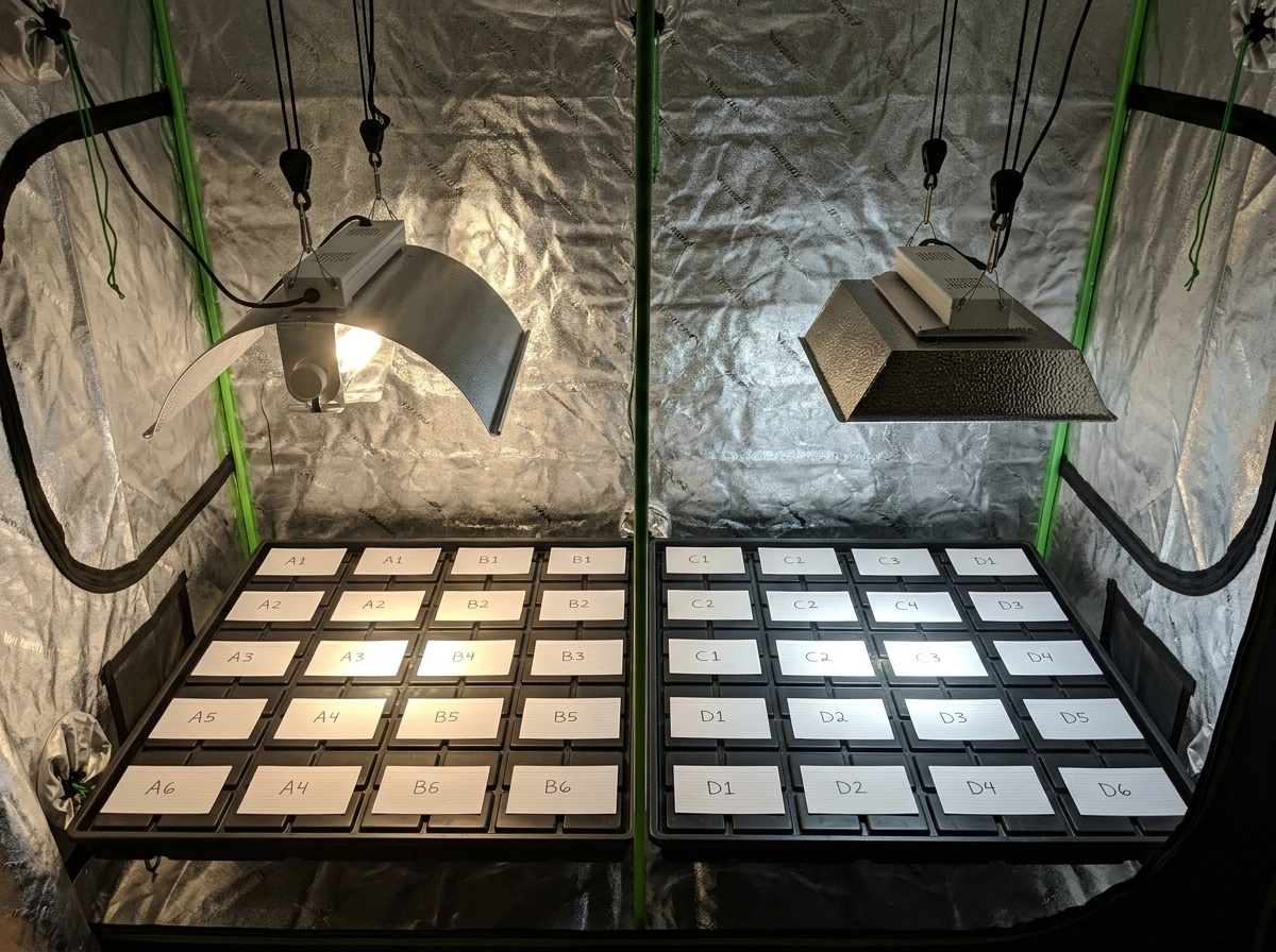 Grow tent canopy test grid showing contrasting grow light reflector coverage and beam shaping.
