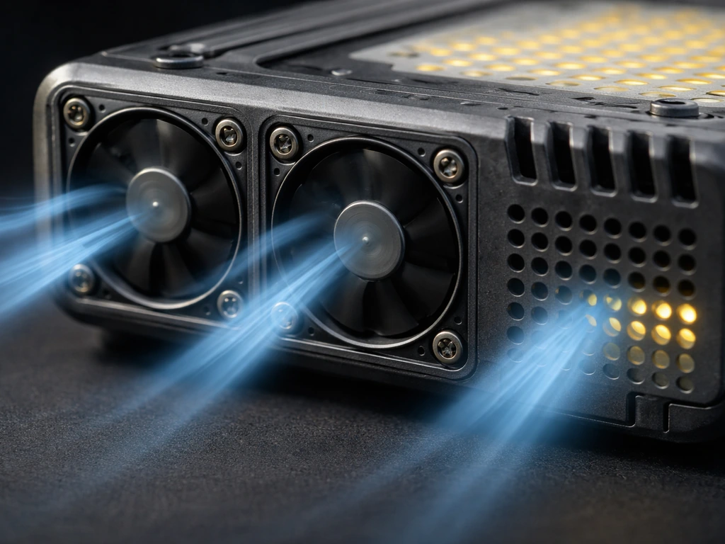 Macro photo of HollandStar X5 housing showing two cooling fans and ventilation holes with airflow path.