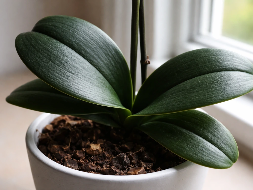 Close-up orchid leaves in dim light, very dark green and slightly matte, natural window light.