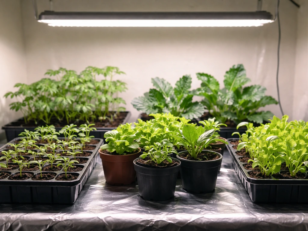 Indoor seedlings under a hanging grow light at recommended height, showing healthy early veg growth.