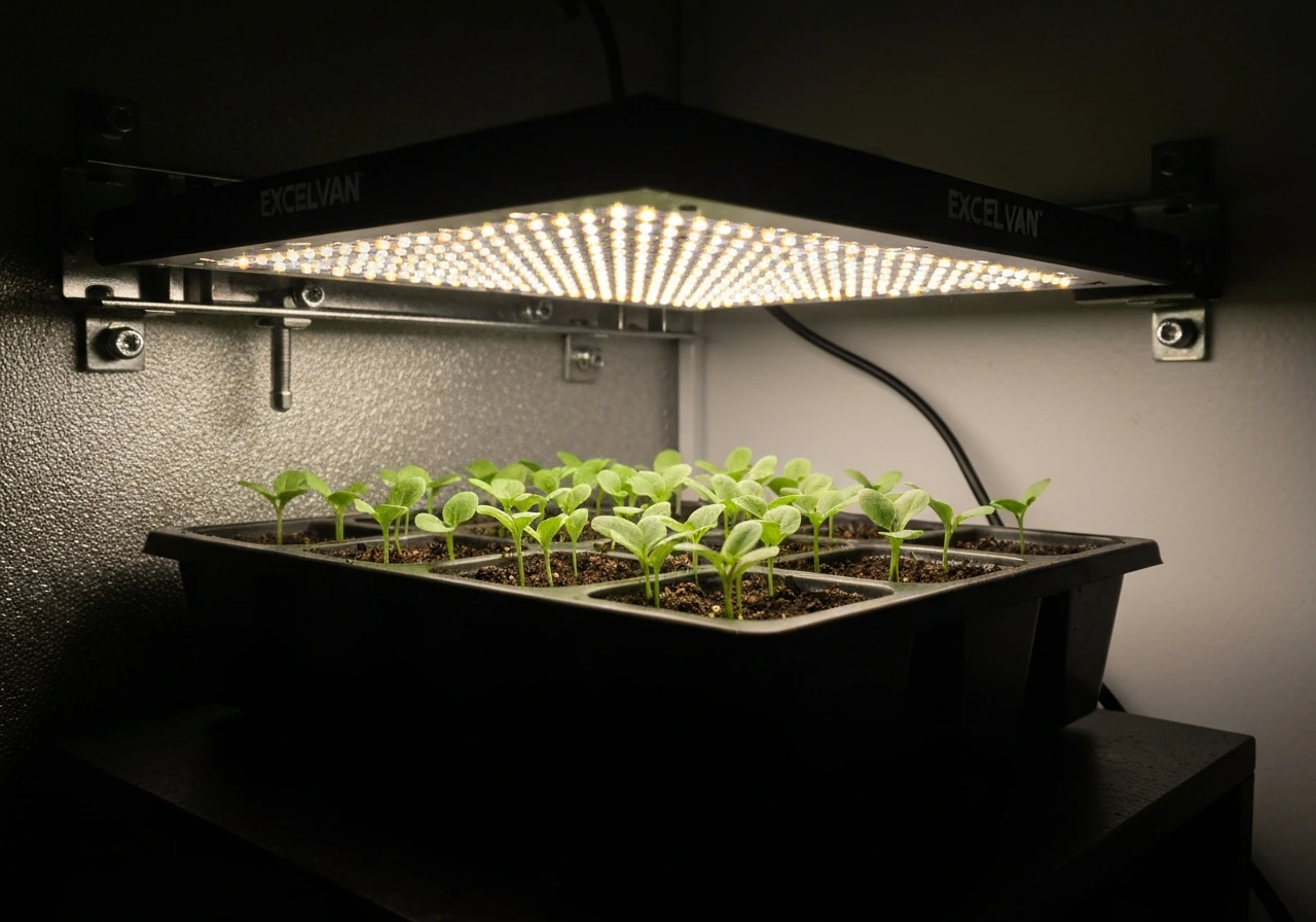 Close-up of a glowing LED grow light panel shining over a small seedling tray indoors.