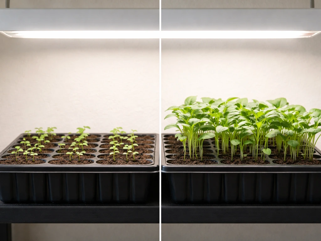 Two rows of healthy seedlings growing under a simple grow light setup, consistent framing and spacing.